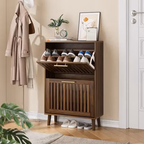 Zapatero de pared WISHDOR con compartimentos abatibles y estante abierto, color marrón y detalles dorados