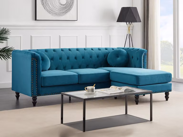 Sofá esquinero reversible Turner de Vente-Unique en terciopelo azul petróleo con estructura de madera sólida y cojines incluidos An/P/Al: 222 x 144 x 78 cm