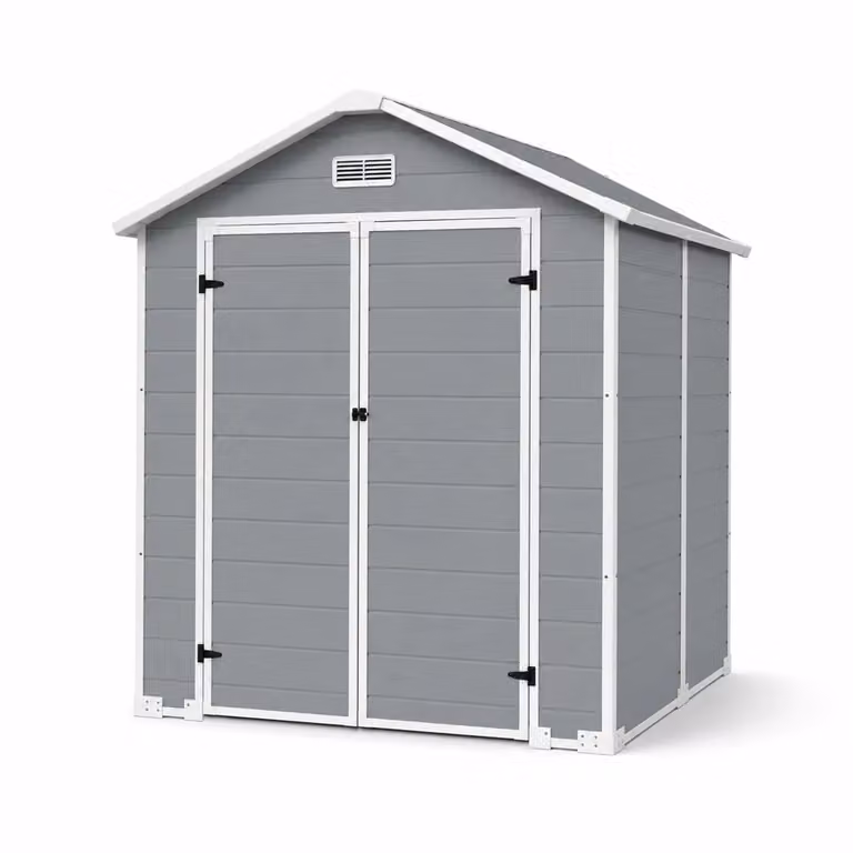 Caseta de jardín Lorvik de resina con doble puerta, ventana y cerradura en gris y blanco, An/P/Al: 152,4 x 122,0 x 212,0 cm
