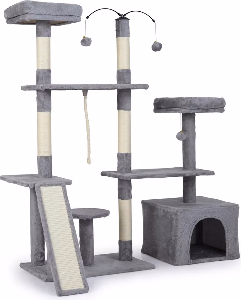 Árbol para gatos Northix de color gris con cueva, juguetes integrados y rascador de sisal replaceable