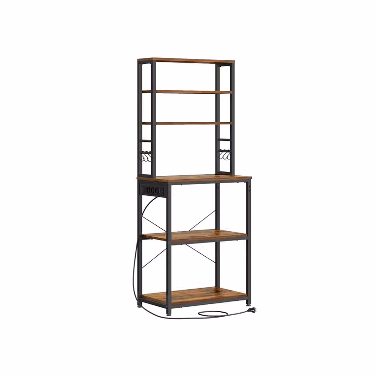 VASAGLE Estantería de Cocina con 6 Estantes Ajustables, Toma de Corriente y 6 Ganchos, Marrón Rústico y Negro, An/P/Al: 40 x 60 x 167 cm