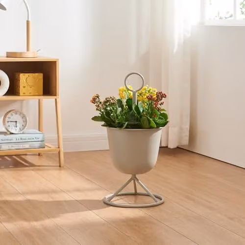 Soporte para plantas en.casa con macetero incluido, base circular de metal en gris claro, Altura: 48 cm, Diámetro: 23 cm