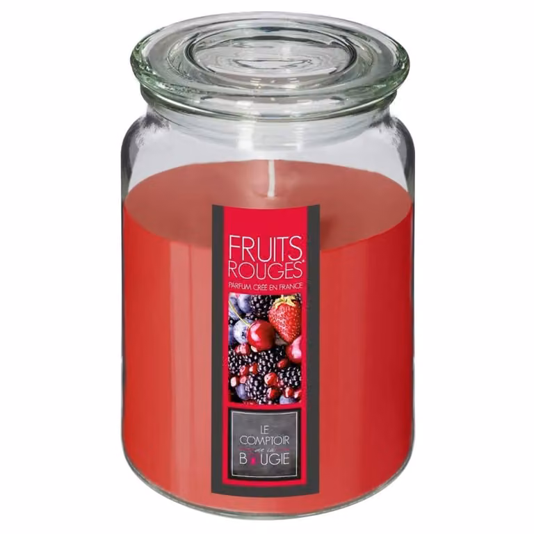 Vela perfumada de cera WellHome con aroma frutal, color rojo y forma de pilar redonda para mesa