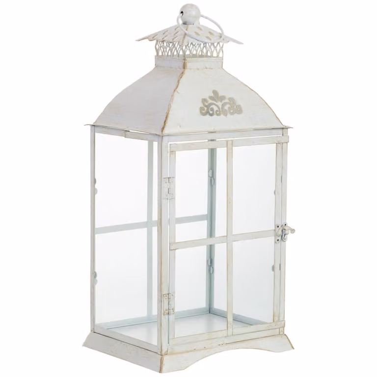 Farol colgante Wanderlust deco de metal, madera y cristal en color blanco, estilo rústico, An/P/Al: 23,5 x 19 x 49 cm