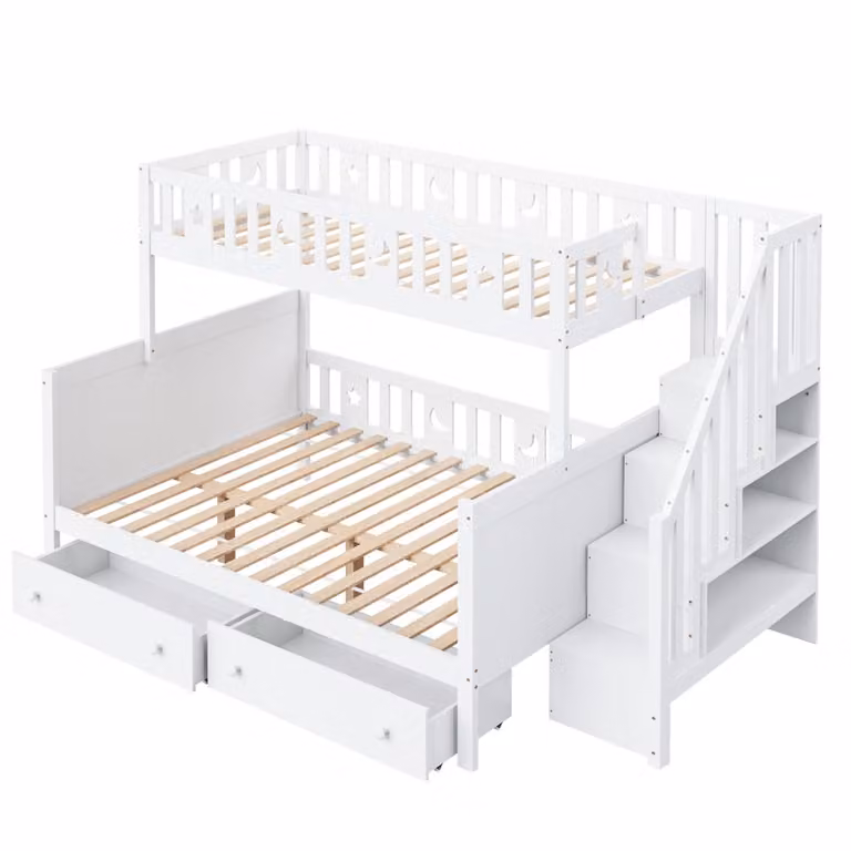 Litera infantil OKWISH de madera y pino blanca con escalera de almacenamiento, 2 cajones y estante integrado, An/P/Al: 90 x 200 x 145 cm y 140 x 200 x 160 cm