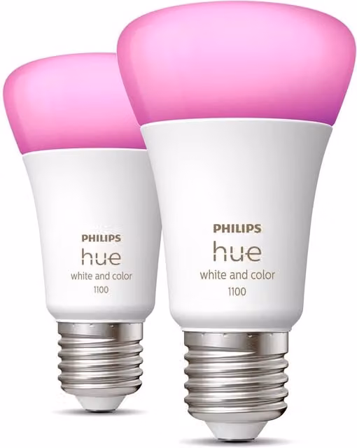 Pack de 2 bombillas inteligentes Philips Hue LED E27 RGB multicolor de 9W y 1100 lúmenes con luz natural 6500K y regulación de intensidad