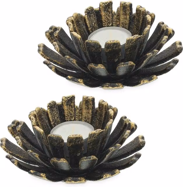 Set de 2 portavelas de hierro fundido con forma de flor Relaxdays en color bronce, ideales para tealights, Altura: 6 cm, Diámetro: 13,5 cm