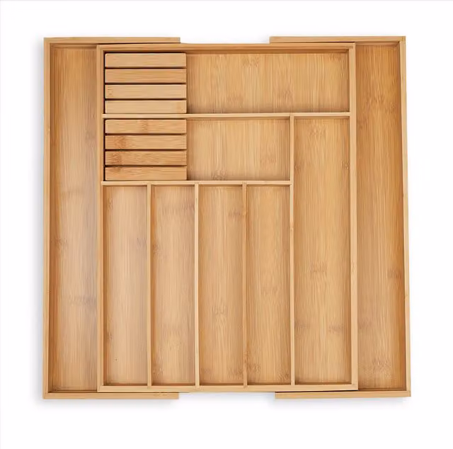 Cubertero extensible de bambú relaxdays con compartimentos y bloques para cuchillos, color natural, An/P/Al: 45 x 44,5 x 5,5 cm