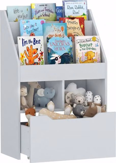 Estantería infantil HOMCOM de madera y metal con 3 compartimentos y cajón móvil con ruedas, color gris, An/P/Al: 60 x 29,9 x 90 cm