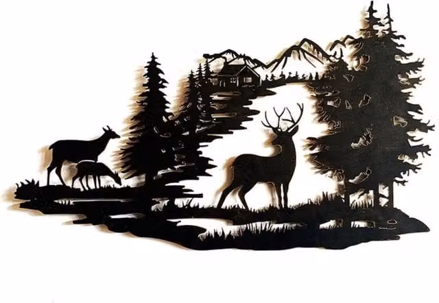 Escultura de pared de metal XISRENS con escena de ciervos en el bosque de color negro para tu decoración de salón An/P/Al: 40 x 28 x 40 cm