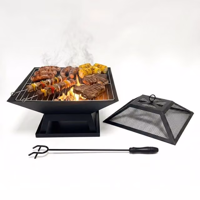 Brasero de acero Relaxdays con parrilla, protector antichispas y atizador en color negro, An/P/Al: 36 x 45 x 45 cm