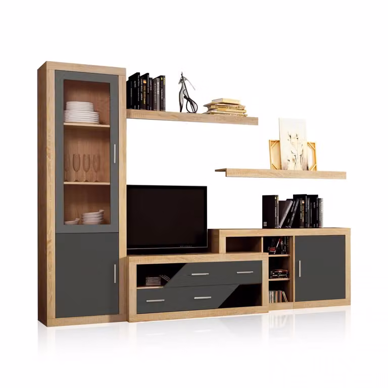 Salón modular moderno Duehome Nuka V6 en color marrón con vitrina, estantes y cajones, Ancho: 280 cm