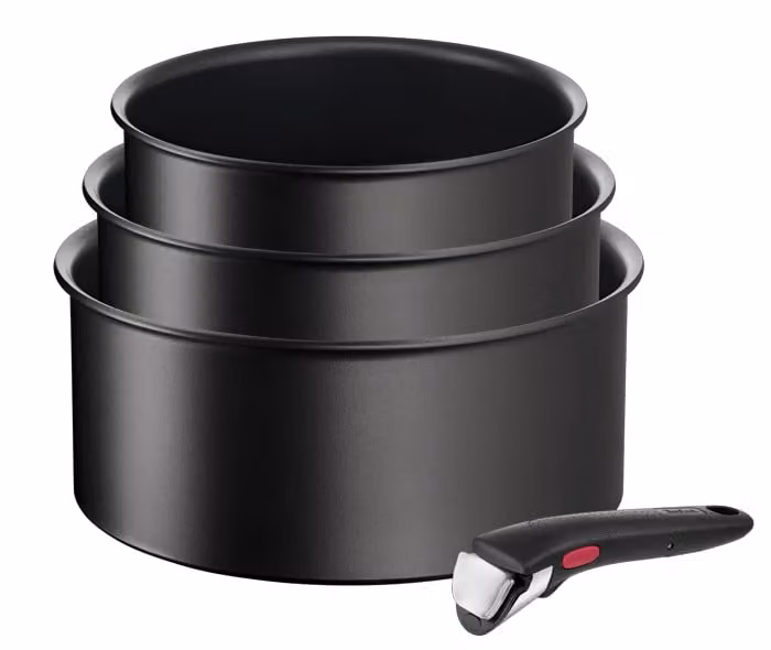 Set de cazos Tefal Ingenio Eco Resist con tapa y mango extraíble, antirrayaduras, aluminio, color negro, An/P/Al: 28,5 x 22,5 x 11,5 cm