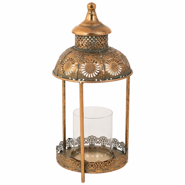 Portavelas de metal y cristal Wanderlust Deco de estilo oriental y geométrico en color dorado, An/P/Al: 19.5 x 19.5 x 42 cm