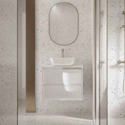 Mueble de baño suspendido B BAÑO TOTAL en color blanco brillo con acabado de madera roble y cajones con cierre suave, An: 80 cm, P: 40 cm, Al: 55 cm