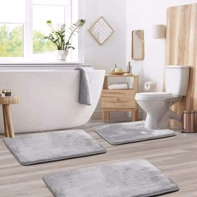 Juego de 3 alfombrillas de baño SDLOGAL de espuma viscoelástica y microfibra, antideslizantes y de secado rápido, color gris