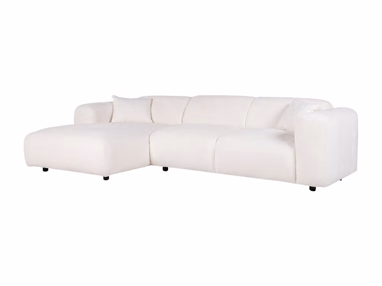 Sofá rinconera izquierda POGNI de Maison Céphy en tela bouclé blanco con estructura de madera sólida y cojines incluidos An/P/Al: 280 x 165 x 73 cm