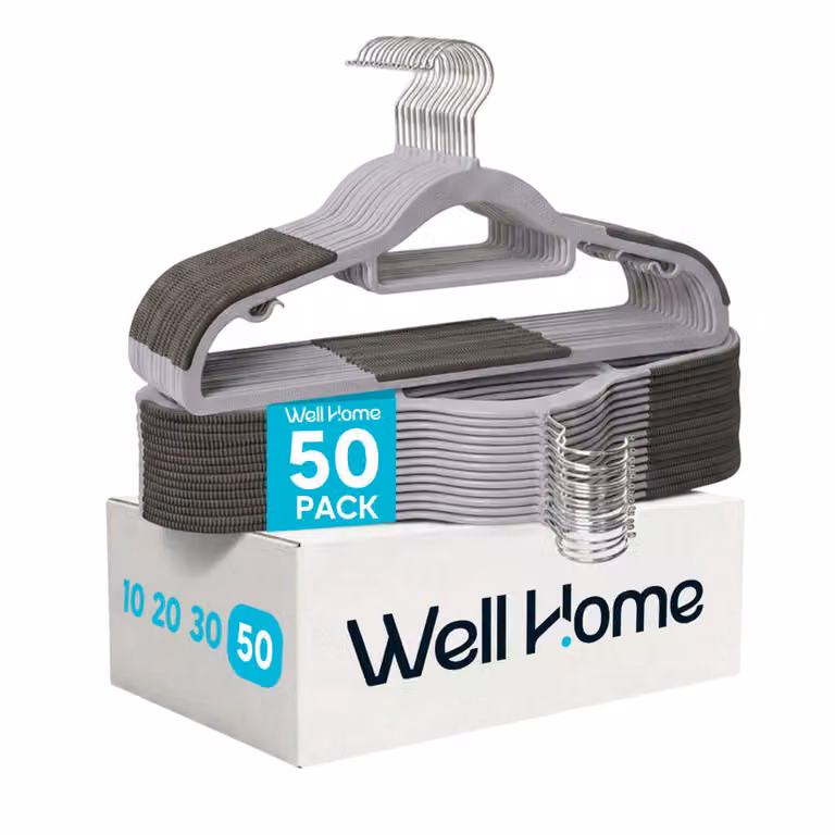 Pack de 50 perchas antideslizantes de plástico Wellhome con barra y muescas en color gris