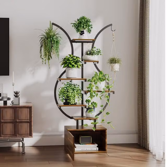Estantería para plantas SOLKVUNZA con luces LED de cultivo y ganchos para macetas, acabado natural en metal y MDF, An/P/Al: 40 x 30 x 142 cm