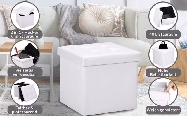 Reposapiés con almacenamiento plegable NORTHIX en color blanco, capacidad de 40 l, An/An/Al: 38 x 38 x 38 cm