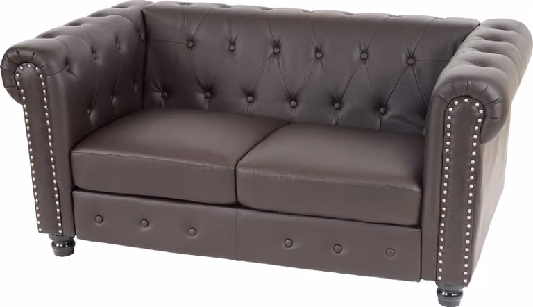 Sofá Chesterfield de dos plazas Mendler tapizado en cuero sintético color marrón con otomana a juego An/P/Al: 160 x 90 x 74 cm