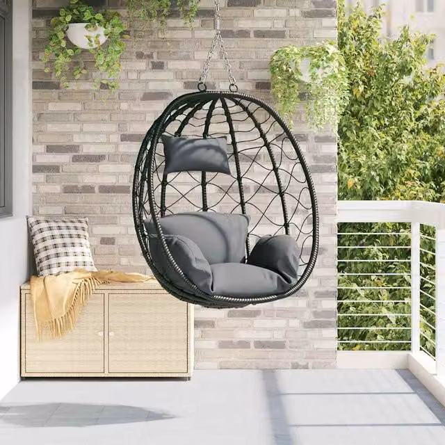 Silla huevo colgante vidaXL de ratán sintético con cojines en color antracita, An/P/Al: 91,5 x 54,5 x 110 cm