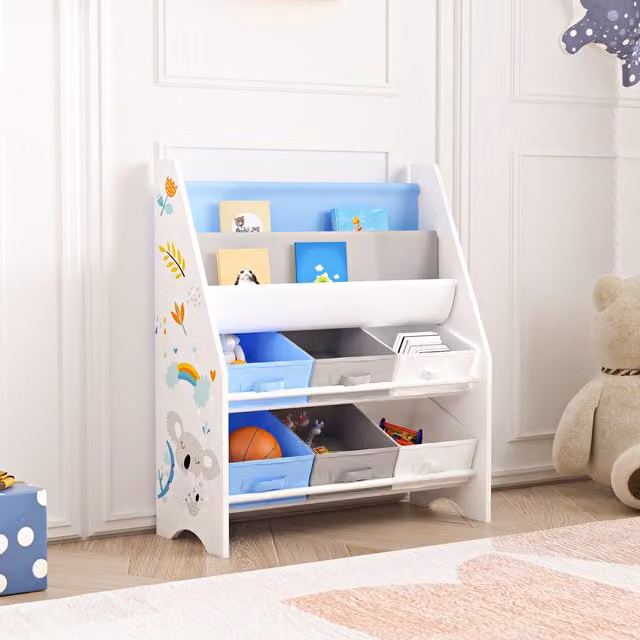 Estantería para niños en.casa con motivo de koala y 6 cajas organizadoras en blanco, gris y azul, An/P/Al: 74 x 62 x 26,5 cm