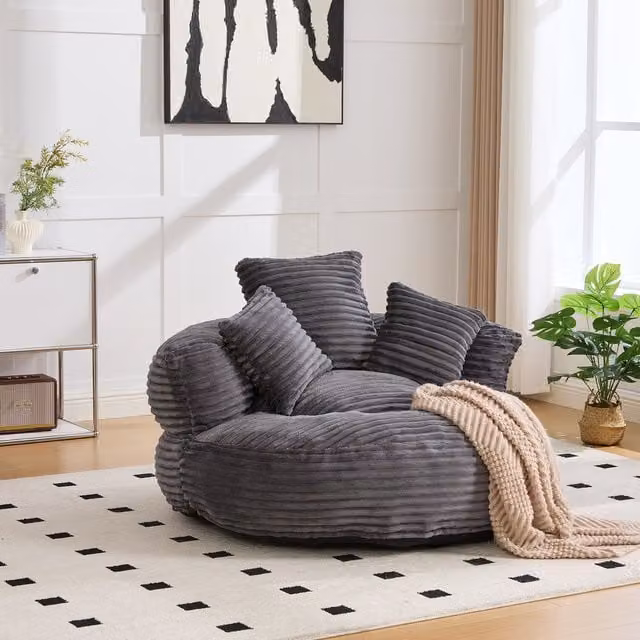 Sofá Relax Lounge SOLKVUNZA en Terciopelo Acanalado Gris con 3 Cojines y Respaldo Alto, An/P/Al: 108 x 108 x 52 cm