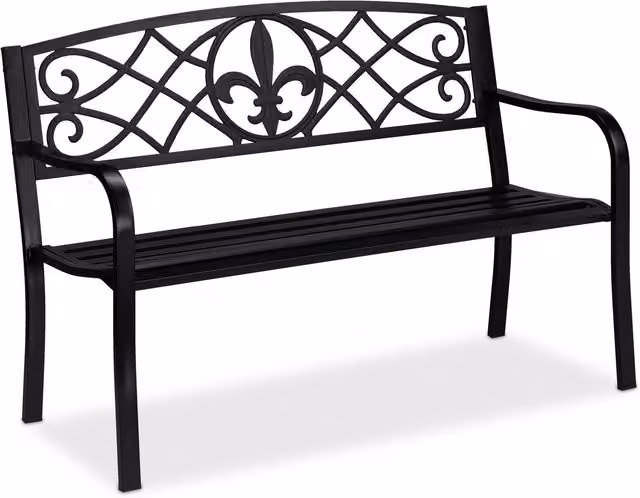 Banco de jardín Relaxdays de 2 plazas con diseño floral y reposabrazos en hierro negro para jardín, terraza o balcón, Al x An x P: 127 x 60 x 86 cm