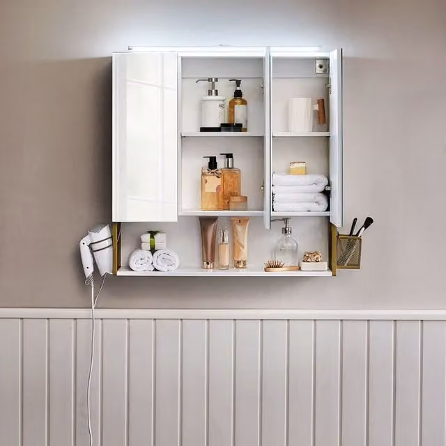 Armario de baño SONGMICS de pared con espejo, iluminación LED y 3 puertas en color verde y blanco
