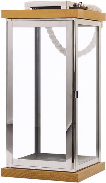 Linterna portavelas Borneo de BELIANI en madera clara y metal plateado con asa de cuerda, Altura: 41 cm