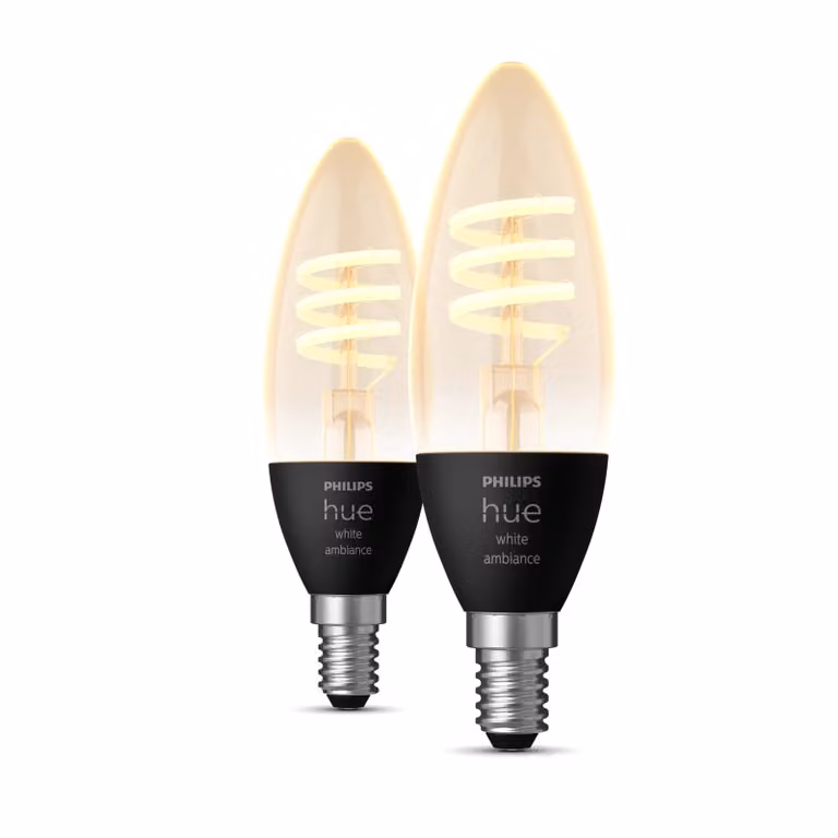 Pack de 2 bombillas inteligentes Philips Hue Filament White Ambiance Vela LED E14 de luz regulable y color blanco cálido a frío
