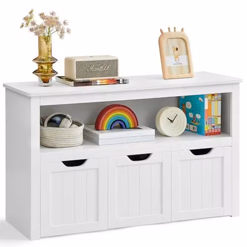 VASAGLE Organizador de juguetes infantil con 3 cajas con ruedas, color blanco, An/P/Al: 102 x 30,2 x 60 cm