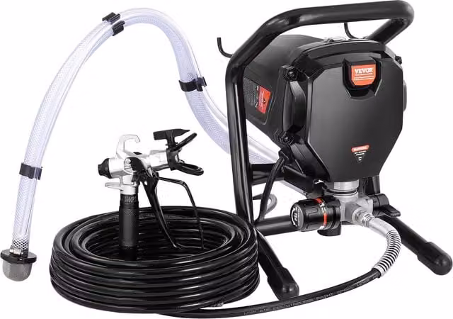 Pulverizador de pintura sin aire VEVOR de 750 W en color negro con manguera de 15 metros, sistema de alta presión con flujo variable y kit de limpieza incluido