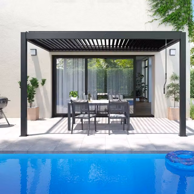 Pérgola bioclimática adosada Oviala de aluminio color gris antracita con 2 estores, An/P/Al: 4 x 3 x 2,66 m
