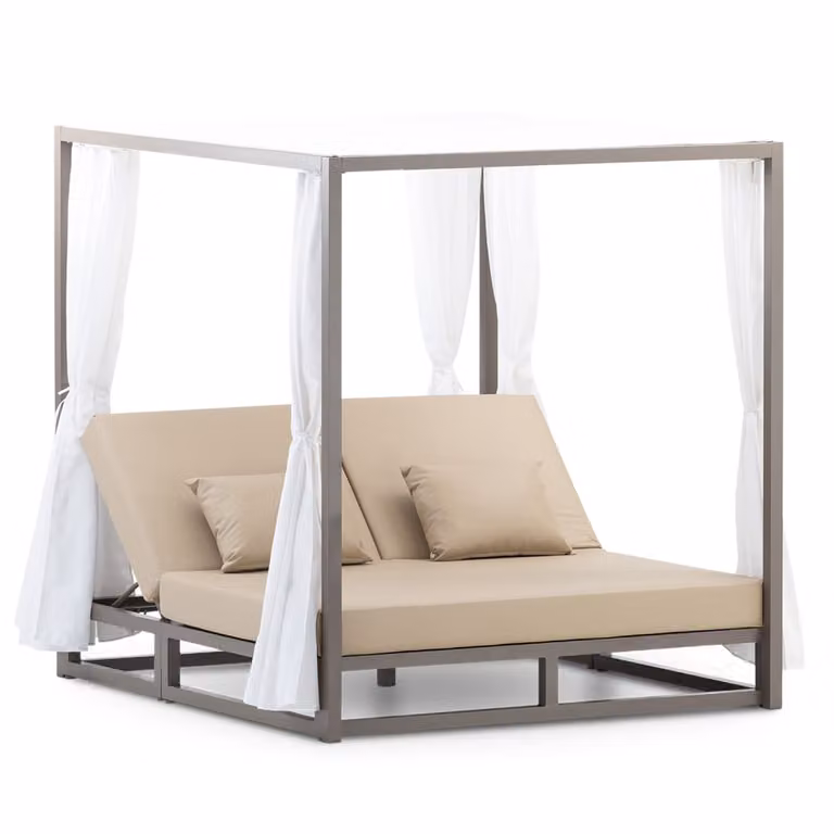 Cama balinesa Defora Home de aluminio con cojín beige y dosel para jardín
