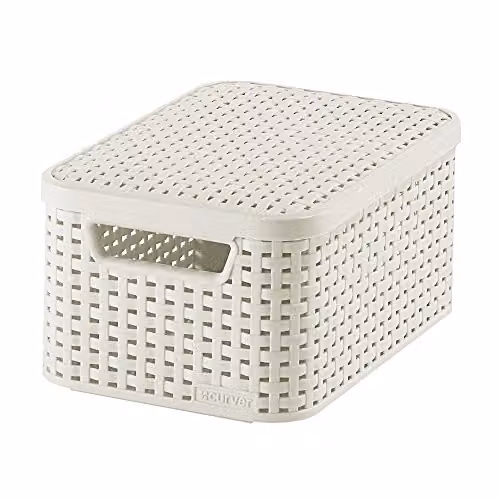 Cesta con tapa Curver efecto mimbre apilable en color blanco