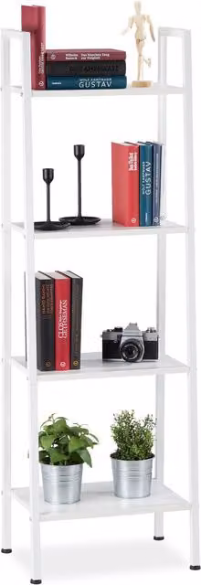 Estantería de pie tipo escalera industrial Relaxdays con 4 estantes, color blanco, Al x An x P: 136 x 44 x 31,5 cm
