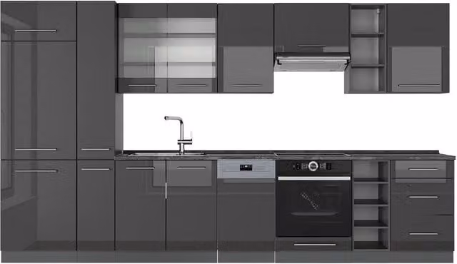 Mueble de cocina Vicco Fame-Line en color antracita alto brillo con puertas de cristal y sistema soft close, An/P/Al: 355 x 60 x 206,8 cm