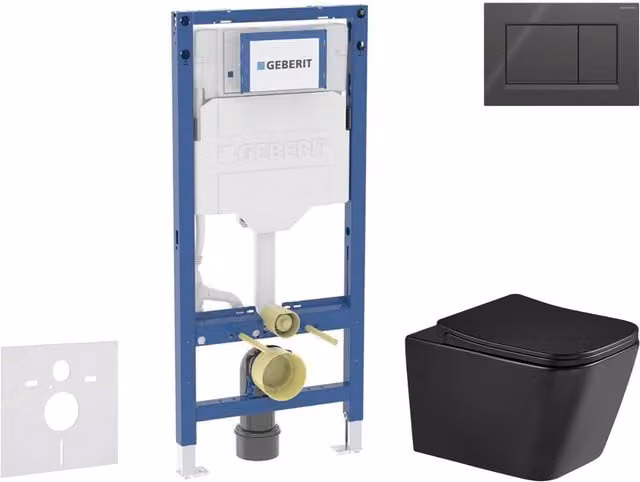 Conjunto de instalación empotrada Geberit Duofix con inodoro Arkas I de cerámica, asiento softclose y pulsador Sigma20 en negro brillante y negro mate