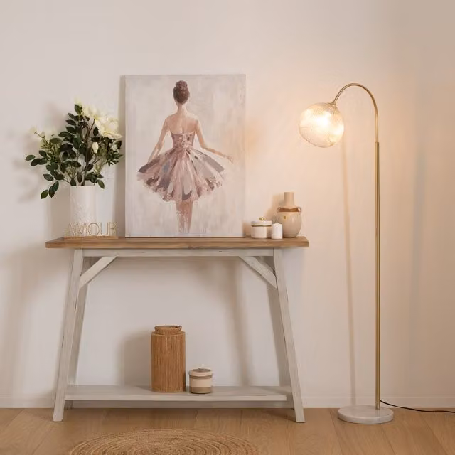 Lámpara de pie de arco Laye de Atmosphera en blanco y dorado con base de mármol, Altura: 150 cm