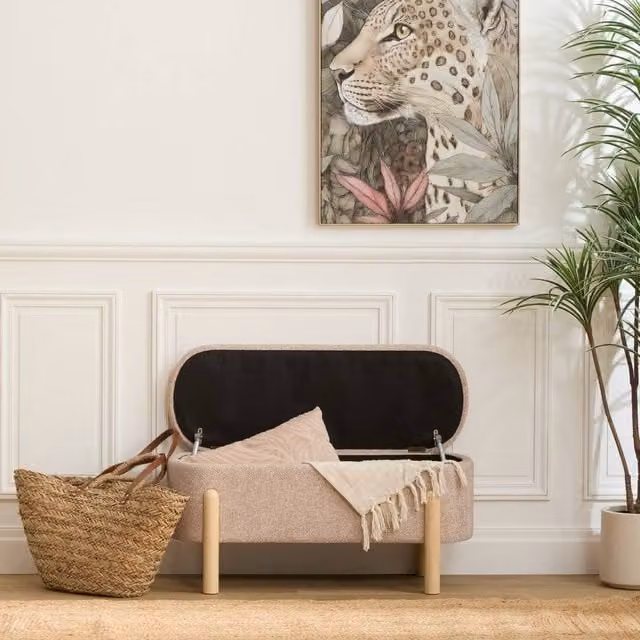 Banco con baúl Muka ovalado de Atmosphera en color beige y madera de pino An/P/Al: 40 x 36,5 x 36,5 cm