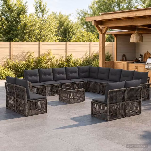 Conjunto de sofás de jardín Maison Exclusive de 14 piezas en ratán gris con estructura de metal y cojines incluidos