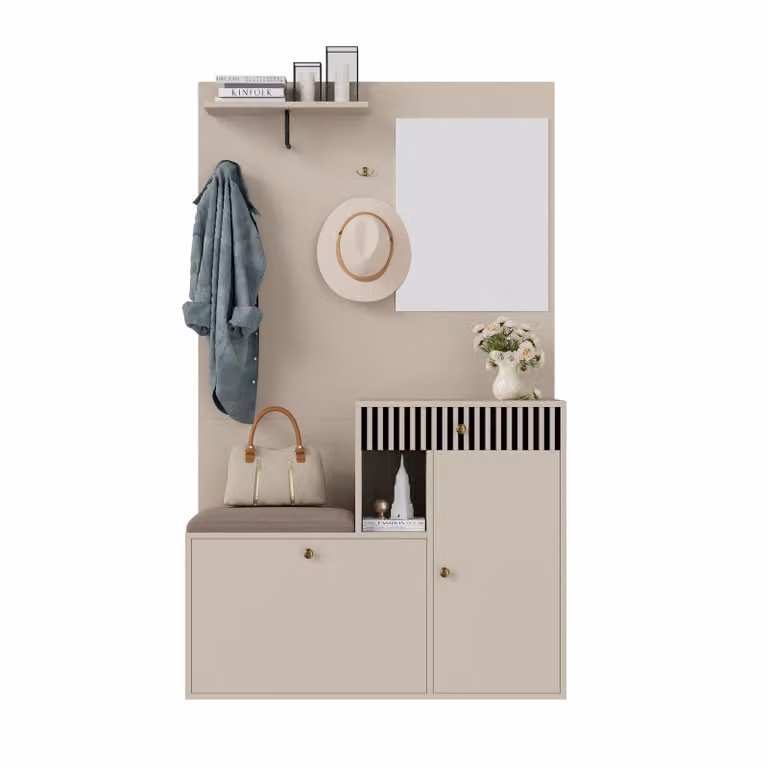 Conjunto de armario para recibidor Aiorber con espejo y banco, fabricado en MDF con cierre suave en colores beige y gris