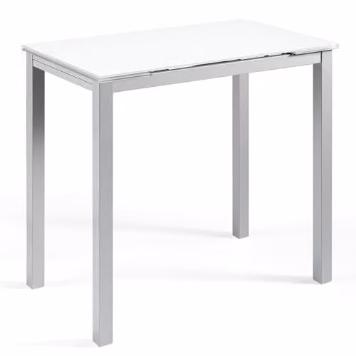 Mesa extensible moderna MOMMA HOME para cocina o salón en cristal y metal, color blanco y plata, An/P/Al: 100 x 60 x 76 cm (extensible hasta 140 cm)