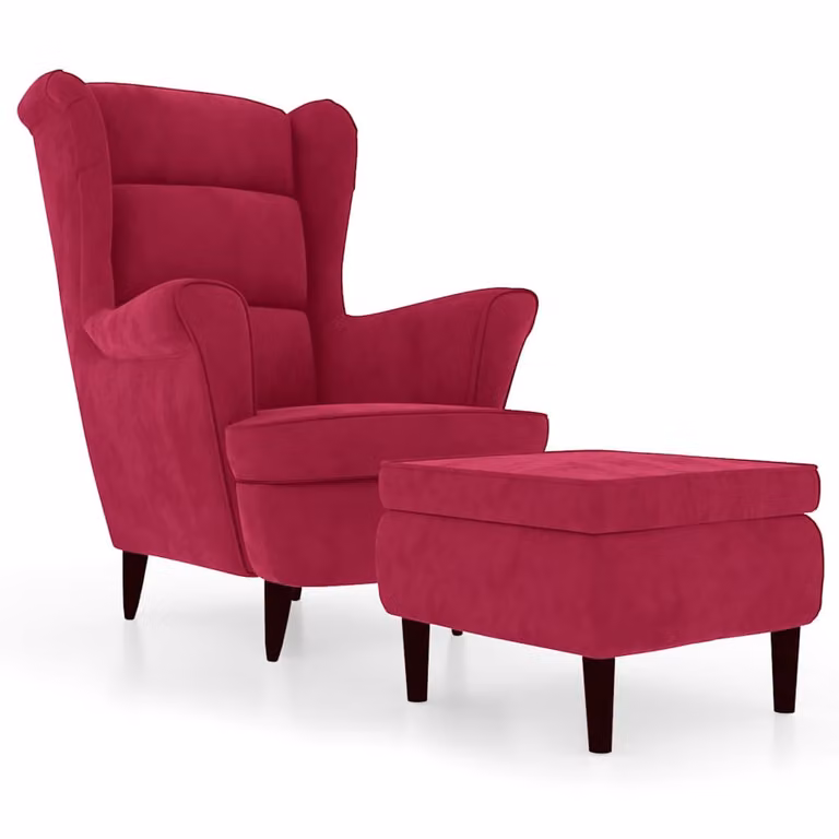 Sillón orejero con taburete de terciopelo rojo y estructura de madera vidaXL
