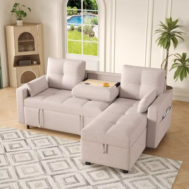 Sofá Cama Modular de 3 Plazas DREAMMESPACE en Lino Beige con Espacio de Almacenamiento, Portavasos y Cojines, An/P/Al: 211 x 136 x 87 cm