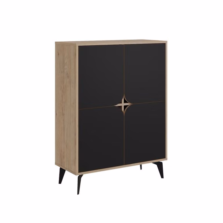 Aparador alto de 4 puertas Calicosy en negro y dorado con patas de metal para comedor
