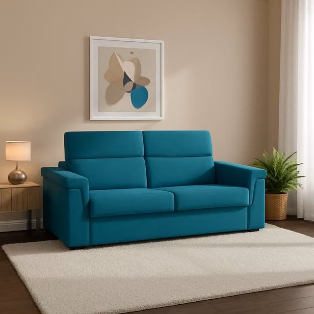 Sofá cama de 2 plazas Biscossi con apertura click-clack, fundas desmontables y estructura de madera, color azul, An/P/Al: 205 x 95 x 45 cm