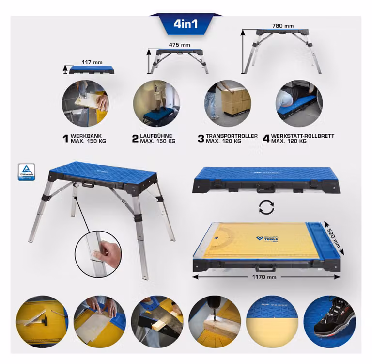 Banco de trabajo universal 4 en 1 Brilliant Tools, plegable y con ruedas, azul y negro, An/P/Al: 150 x 52 x 79,5 cm